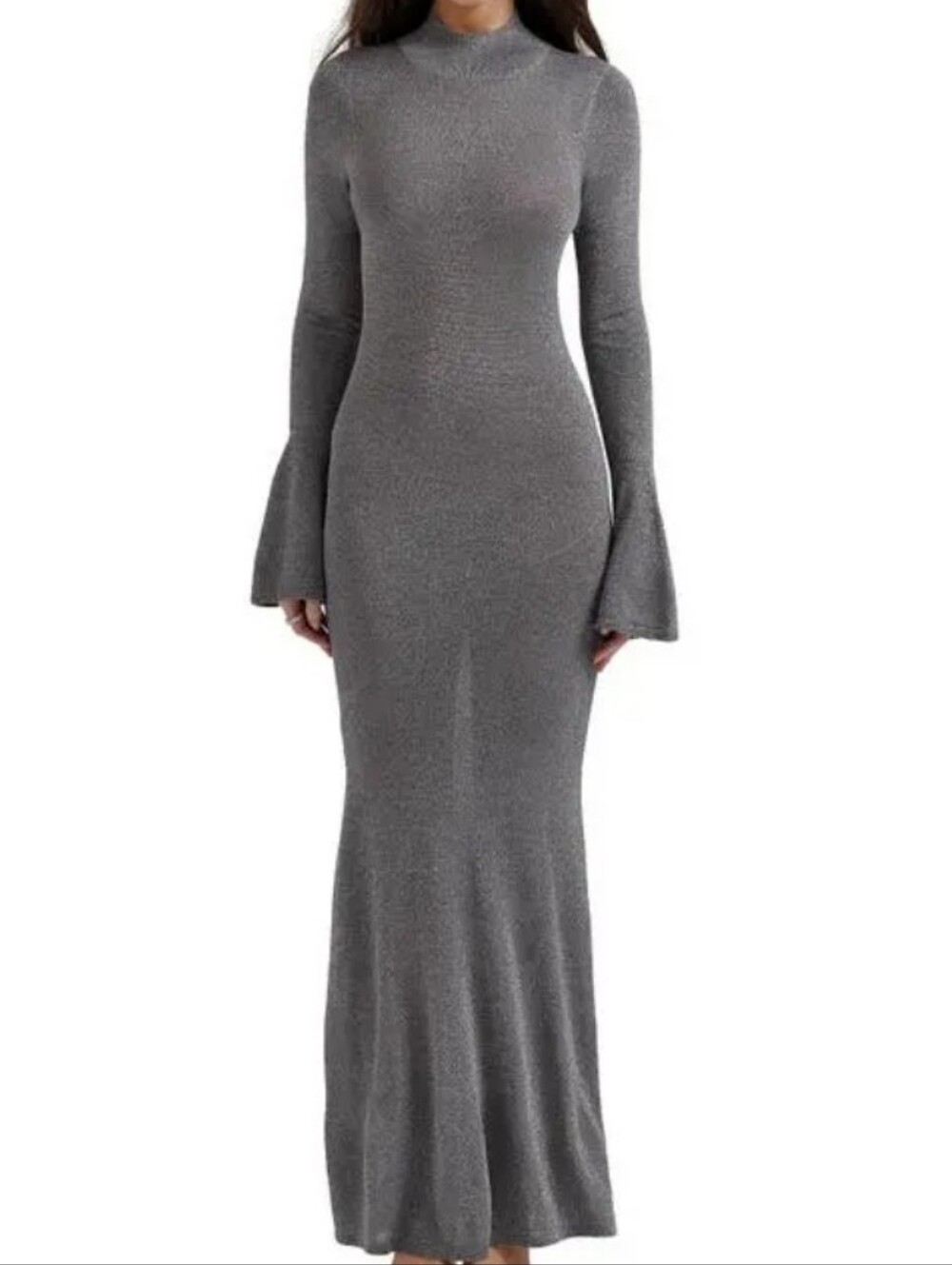 House of CB Silver Metallic Long-Sleeve Maxi Dress